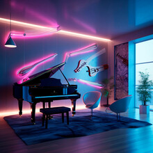 Grand Piano In The Night Room With Purple Light Created With Generative Ai Technology