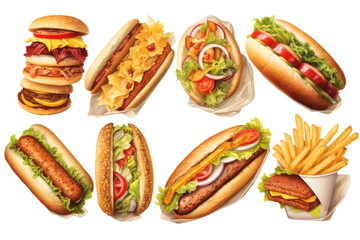 Collection of different fast food like french fries hamburger, hotdog realistic photo. Transparent background, generative AI