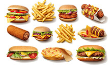 Collection Of Different Fast Food Like French Fries Hamburger, Hotdog Realistic Photo. Transparent Background, Generative AI