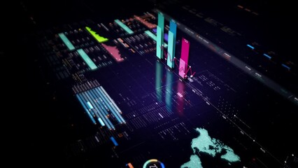 Fototapete - A businessman analyzing stock market, crypto trading, info graphic with animated graphs, charts and data numbers insight on a transparent monitor display screen. Business concept