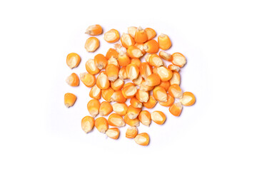 Wall Mural - Pile of dried corn kernels isolated on white background, top view, flat lay.
