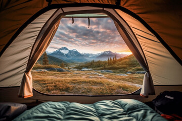 looking out through an opening of a camper tent to a beautiful landscape - generative ai