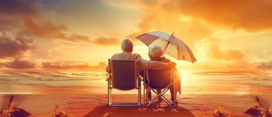 Happy seniors enjoying of retirement with a beach in morning, AI generative