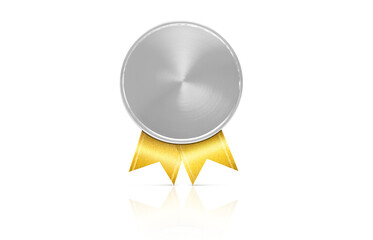 Silver medal with golden ribbon. Soft shadow. Isolated  PNG transparent