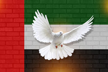 Dove Fly With The Background Of United Arab Emirates Flag And Wall Texture. Peace Concept. Illustration Design.