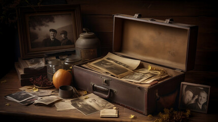 Family tree concept, dna, genes, ancestors. A large box suitcase lies on the table with old photographs. AI generated Generative AI