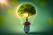 AI illustration de développement durable avec une ampoule électrique contenant un arbre sur fond vert