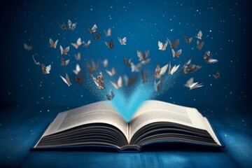 Wall Mural - Opened book with flying pages and flying paper butterflies on blue background, generative Ai