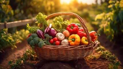 basket with harvested vegetables at the farm on a sunny day. Generative AI 