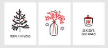 Christmas Cards Set, Minimalist Line Drawings Of Christmas Tree, Branches In Vase, Seasonal Greetings Candle. Vector Black, White And Red Simple Modern Illustrations,
