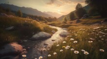 Field Of Daisies With Beautiful Sunset Sky. Generative AI