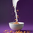 Pouring milk into a bowl. Falling granola with milk splash in bowl. healthy breakfast. generative ai