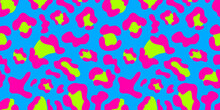 Multicolored Leopard Seamless Pattern. Blue Background, Neon Pink And Green Spots. Long Rectangular Print