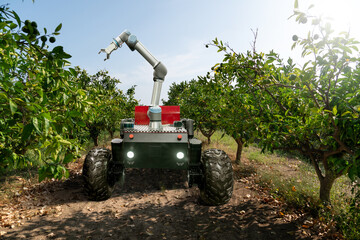 Poster - Autonomous robot harvester with robotic arm harvesting fruits on a smart farm. Concept