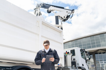 Poster - Manager with a digital tablet next to garbage truck.