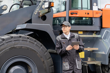 Poster - Serviceman with digital tablet on a background of the tractor	