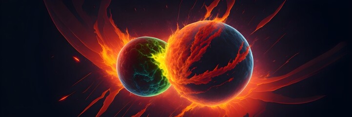 Wall Mural - background explosion collision of two planets in the sky	(red and green)