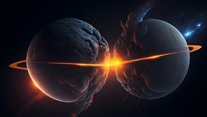 Wall Mural - background explosion collision of two planets in the sky	(dark and black)