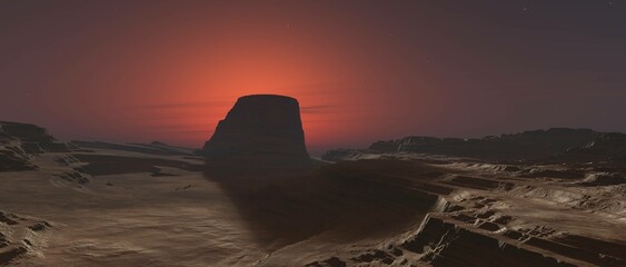 Wall Mural - Mars at sunset, panorama of Mars, alien landscape, a panorama of a surface of another planet, 3D rendering