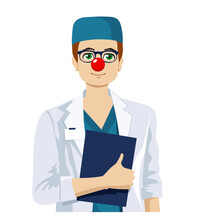 Young Doctor With A Red Clown Nose. Illustration Of Red Nose Day. Doctors Day Vector Illustration.