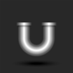 Bold letter U logo monogram 3d metallic line pipe with flanges smooth curve shape, silver colored creative typography logomark, industrial logotype design.