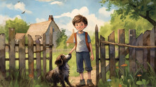Cartoon Style Watercolour Illustration Of A Young Boy And His Loving Dog At A Country Cottage.