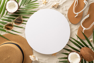 Capture essence of summer holidays with top view composition of sun-kissed accessories: glasses, hat, flip-flops, shell, starfish, palm leaves, coconut, set against sandy shore with circle for advert