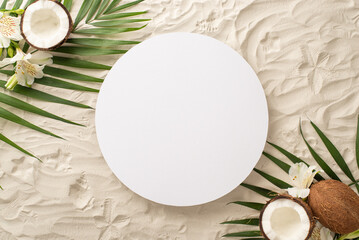 Wall Mural - Dive into the world of summer relaxation with this captivating top view composition: palm leaves, fresh coconut, alstroemeria flowers arranged on sandy shore, featuring vacant circle for text or ad