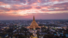 Aerial View Golden Pagoda Phra Pathom Chedi Sunset Of Nakhon Pathom Province, Large Golden Pagoda Located In The Community At Sunset , Phra Pathom Chedi , Nakhon Pathom , Thailand, Asia Thailand.
