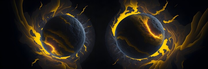 Wall Mural - background explosion collision of two planets in the sky (yellow and black)
