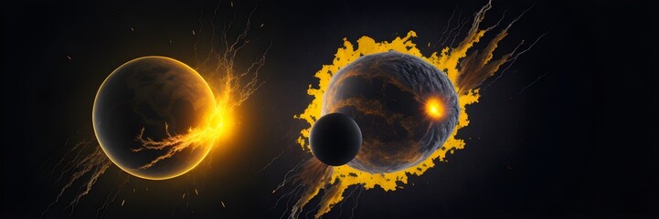 Wall Mural - background explosion collision of two planets in the sky (yellow and black)