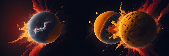 Wall Mural - background explosion collision of two planets in the sky (yellow and red)