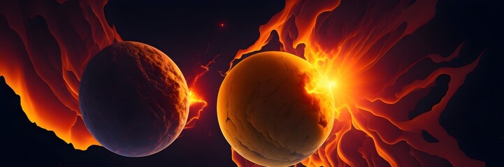 Wall Mural - background explosion collision of two planets in the sky (yellow and red)