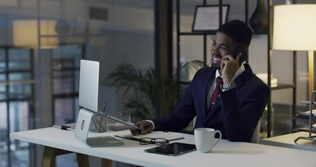 Sticker - Night, phone call and black man with connection, business and conversation for planning, schedule and communication. Male person, happy employee or entrepreneur with a smartphone, network and contact