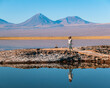 Mulher refletida em lagoa no deserto do Atacama, Chile