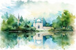 A serene watercolor painting of a lake with a reflection of a mosque and surrounding trees, watercolor style, Islamic, Islamic background, Eid-al-Adha Generative AI