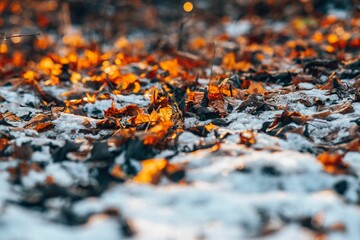 Canvas Print - Leaves in snow in a park