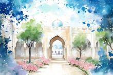 A Tranquil Watercolor Painting Of A Peaceful Mosque Courtyard With Trees And Flowers, Watercolor Style, Islamic, Islamic Background, Eid-al-Adha Generative AI
