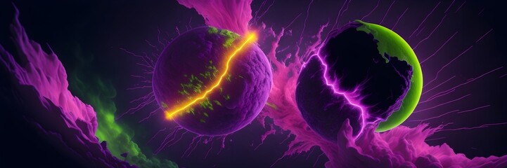 Wall Mural - background explosion collision of two planets in the sky (pink and yellow)