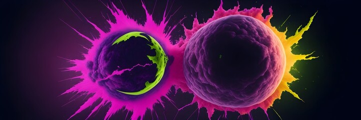 Wall Mural - background explosion collision of two planets in the sky (pink and lime)