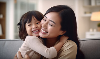 Happy loving mother embracing little daughter, enjoying free time together