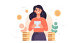 Generative AI Cashback concept - woman with smartphone, money goes in a piggybank. Vector illustration in flat style