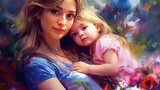 Fototapeta Kosmos - Painted image of a young mother holding her daughter in her arms, parenthood, mother's day