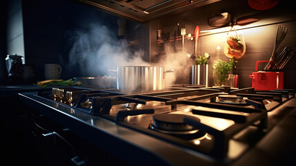 Steaming and boiling pan of water on modern heating stove in kitchen on the background of open balcony. Boiling with steam emitted from stainless cooking pot, Generative AI