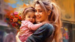 © HelgaQ - Painted image of a young mother holding her daughter in her arms, parenthood, mother's day