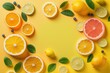 Yellow summer concept. Top view of colorful citrus fruits - orange, lemon, lime, grapefruit, and mint leaves on a sunny yellow background with an empty space for text, Generative AI