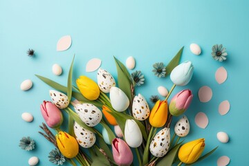 Wall Mural - Easter decorations concept. Top view photo of bunch of pussy willow colorful tulips and quail eggs on isolated pastel blue background with empty space, Generative AI