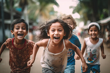 Wall Mural - group of diverse cheerful fun happy multiethnic children outdoors created with generative ai technol