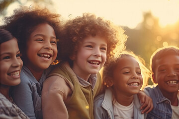 Wall Mural - group of diverse cheerful fun happy multiethnic children outdoors created with generative ai technol