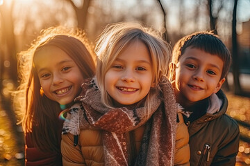 Wall Mural - group of diverse cheerful fun happy multiethnic children outdoors created with generative ai technol